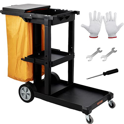 VEVOR Cleaning Cart, 3-Shelf Commercial Janitorial Cart, 200 lbs Capacity Plastic Housekeeping Cart, with 25 Gallon PVC Bag and Cover, 47 x 20 x 38.6in, Yellow&Black - color: Black+lid
