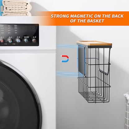 Magnetic Dryer Ball Holder - Black Basket for Laundry Room Organization and Storage with Bamboo Top - Magnetic Lint Bin Suitable for Washer and Dryer / Fridge / Whiteboard (No Balls)