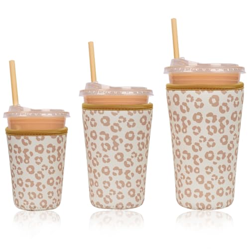 Reusable Insulated Neoprene Iced Coffee Cup Sleeve, Durable Drink Sleeve for Cold Beverages, Beverage Holder for Iced Coffee (Leopard Grace) - color: Leopard Grace