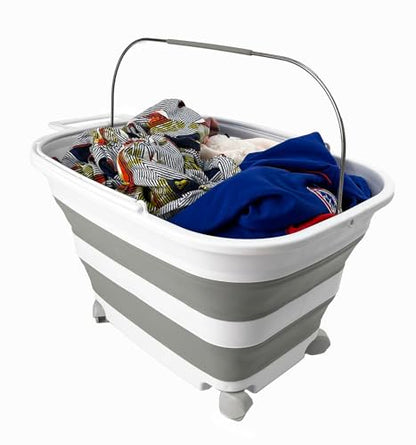 SAMMART 35L (9.24 Gallons) Collapsible Plastic Laundry Basket with Handle and Wheels - Foldable Pop Up Storage Container/Washing Tub - Space Saving (2, White/Grey)