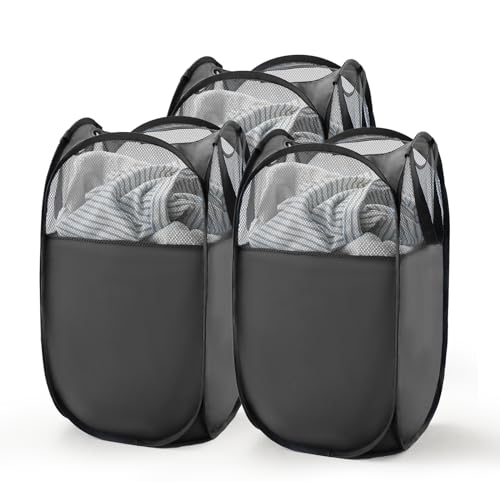 TECHMILLY Pop Up Foldable Laundry Basket, Mesh Laundry Hamper with Reinforced Handles for Dirty Clothes Storage in Dorm, Laundry Room, Bathroom, Black(Fabric), 3 Pack - color: Black(fabric), size: 3 Pack