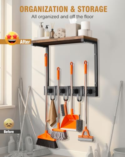 Supforce Small Broom Holder Wall Mount with Shelf, 4 Slots 3 Hooks - color: Black, size: Small