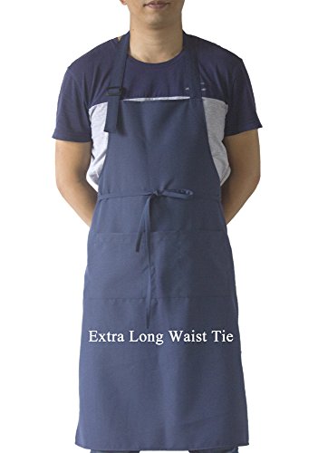 Navy Professional Resist Water Adjustable Extra Long Bib Apron 3 Pockets Home Kitchen Garden Restaurant Cafe Bar Pub Bakery for Cooking Chef Baker Servers Craft Unisex - color: Navy