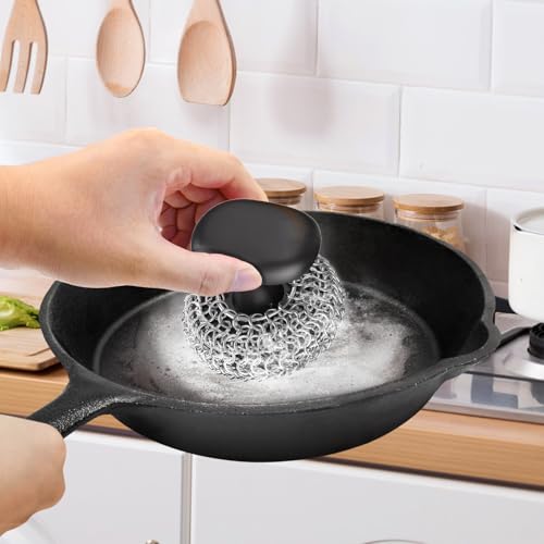 Cast Iron Scrubber Dish Scrub Brush 316 Chainmail Scrubber for Cast Iron - color: Black