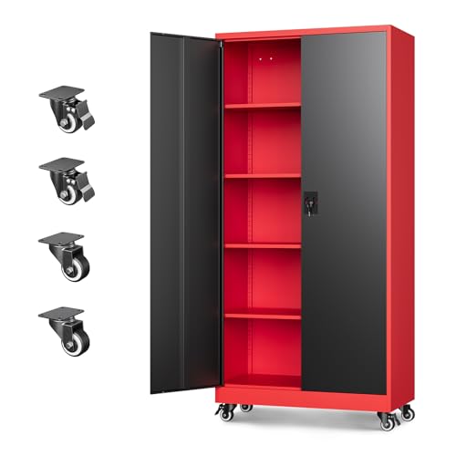 Letaya Metal Garage Storage Cabinets with Lock Door and Adjustable Shelves, Steel Tool Cabinets for Home,Office,Warehouse Organisieren (Black Red, 74.41" H) - color: Black Red, size: 16"D x 32"W x 74.41"H