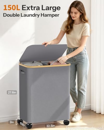 Double Laundry Basket with Wheels and Lid, 150L Clothes Hampers for Laundry - color: Gray, size: 150L