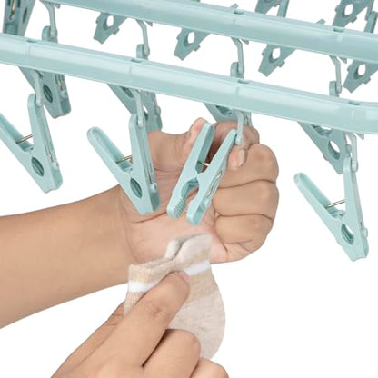 Foldable Clip Hangers with 26 Drying Clips, Underwear Hanger with Clips, Plastic Laundry Clip and Drip Drying Hanger for Socks, Bras, Lingerie, Clothes, Sturdy, Blue - color: Light Blue, size: 1 PC