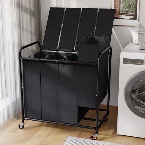 180L Laundry Sorter 4 Section with Lockable Wheels and Lid Black - color: Black-4 Sec, size: 48Gal