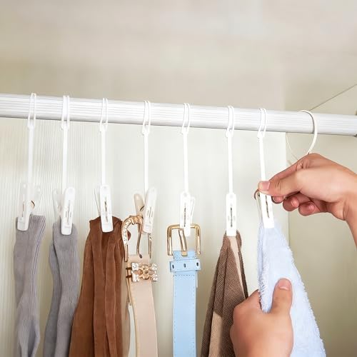 60 Pcs White Multi-Purpose Laundry Hooks Hanging Clips Bulk with Plastic Rope Hanger Clips for Hanging Clips for Baby Clothes, Pants, Hat, Socks, Towels, Bras - Closet, Bathroom & Kitchen Organization