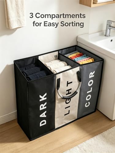 1 Pack Heavy Duty Laundry Hamper, 3 Section Sorter Organizer, Large Bin with 3 Side Pockets, Waterproof Dirty Clothes Storage
