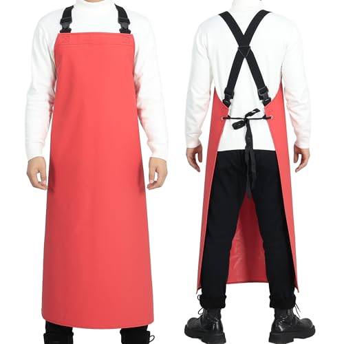 Heavy Duty Waterproof Apron,PVC, Adjustable Cross Strap,Chemical Resistant, for Butchering, Dishwashing, Food Factory - color: Red