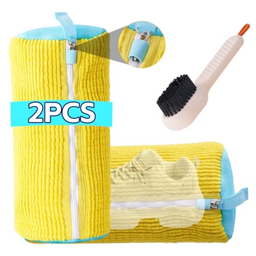 YCYAS-Shoe Washing Machine Bag Set (2 Pack) with Cleaning Brush – Heavy Duty Sneaker Washing Bag & Laundry Bag for Delicates – Premium Mesh Shoe Bag for Washer with Secure Special Lock Zipper