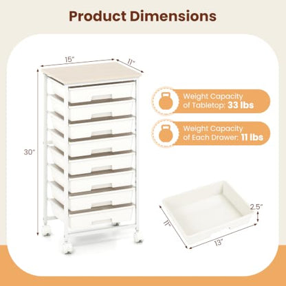 Giantex 8 Drawers Rolling Cart with Wheels, Wood Top, Sturdy Frame - color: White, size: 8 Drawer-15"x11"x30"