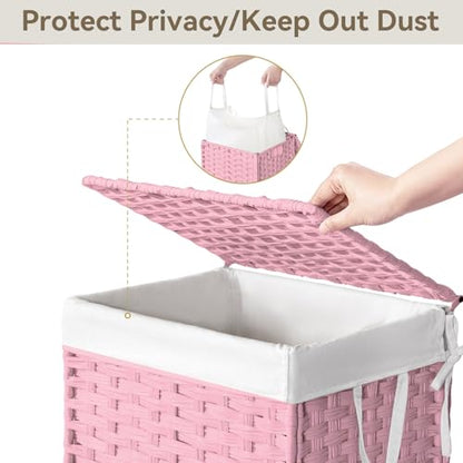 Chrislley Wicker Laundry Basket with Wheels,Rolling Laundry Hamper with Lid - color: Pink