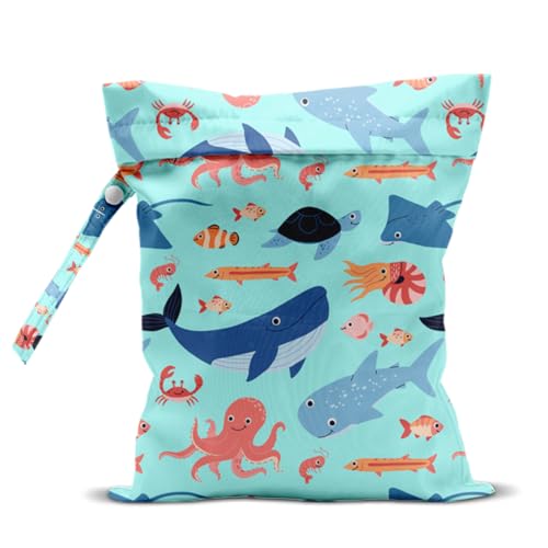 Wet Bag for Swimsuit, Beach Travel EssentialsMarine Animals Pattern Wet Dry Bag, for Sunscreen Toiletry Dirty Clothes Yoga Gym Diaper, Friends Summer Beach Vacation Essentials Gifts - color: Marine Animals