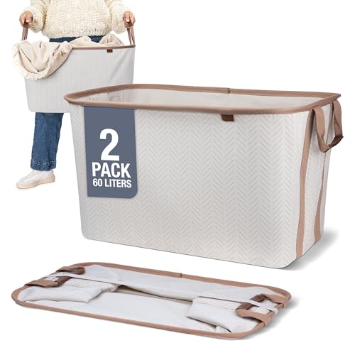 Collapsible Fabric Laundry Basket Premium, Cream Herringbone, 2 Pack - color: Cream Herringbone