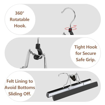 AMKUFO 12 Pack Black Wooden Pants Hangers with Clips Non Slip Skirt Hangers Trouser Clamp Hanger Solid Wood Hanger with 360° Swivel Hook - color: Black, size: 12 Pack