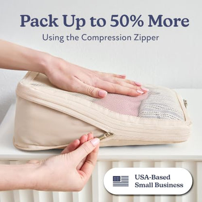 Vandel Compression Packing Cubes for Women, Set with Hanging Toiletry Bag - color: 3. Sand, size: Deluxe Set (4 Cubes + Toiletry & Laundry Bags)