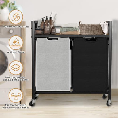 SwaaVee Laundry Sorter, Laundry Hamper with Wooden Top Shelf, 2×14.5Gal(110L), Metal Frame laundry basket with wheels, Pull out and Removable Laundry Bags, 2 Bags-Black Grey - color: Black-Grey