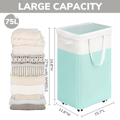 Goodpick Laundry Basket with Wheels, 75L Laundry Hamper with Wheels, Large Laundry Basket with Removable Wash Bag, Clothes Hamper for Laundry, Blue&White - color: Blue & White 1-Pack