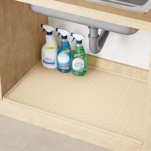 TRZZ Waterproof Under Sink Mat, 28"x19", Drip Tray Shelf Liner, Beige - color: Beige, size: 19"W x 28"L