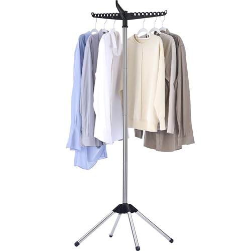 CASAMAYA Clothes Drying Rack Foldable, 59 inch Tripod Laundry Drying Rack Indoor with Rotating Clothes Rail for 27 Pieces of Clothes, Space Saving, Stainless Steel, Black and Silver CDR001B01 - color: Black + Silver, size: 1-Tier Standard