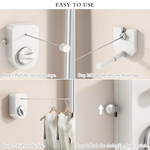 CICUFY Retractable Clothesline Indoor, Non-Sagging Clothes Line Outdoors,13.8 Ft Heavy Duty Clothesline with Telescopic Hanging Rod, Wall Mounted Space-Saving Laundry Line (White) - color: White