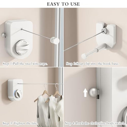 CICUFY Retractable Clothesline Indoor, Non-Sagging Clothes Line Outdoors,13.8 Ft Heavy Duty Clothesline with Telescopic Hanging Rod, Wall Mounted Space-Saving Laundry Line (White) - color: White