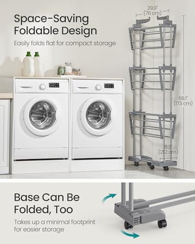 SONGMICS 4-Tier Clothes Drying Rack, Foldable, Rolling, 67.9-Inch Tall - color: Dove Gray, style: 4-Tier + Foldable