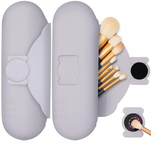 Travel Silicone Makeup Brush Holder with Cleaning Pad and Magnetic Closure - color: Purple