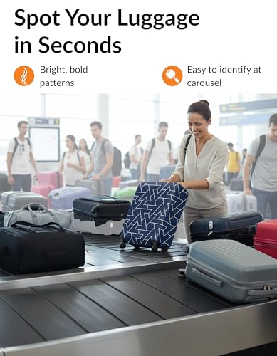 Luggage Cover Navy Blue Size M 22-25 Inch, Premium Stretchable Suitcase Protector, Washable Scratch Resistant Dustproof Elastic Travel Bag Cover with Bottom Zipper, Geometric Pattern - color: Navy Blue, size: M (22-25 Inch)