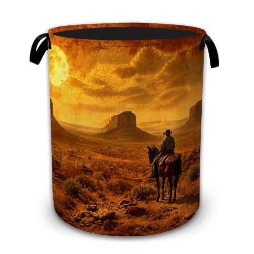 Western Desert Cowboy Decorative Laundry Hamper, Tall Foldable Oxford Clothes Basket with Handles, Lightweight Dirty Clothes Holder for Bedroom Bathroom Laundry Room - color: Western Desert Cowboy