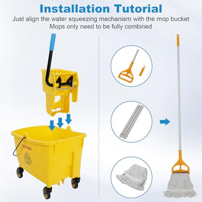 35 Qt Commercial Mop Bucket with Side Press Wringer on Wheels and Mops Set for Floor Cleaning, Industrial Mop and Bucket Set for Home, Restaurant, Shopping Mall,Yellow