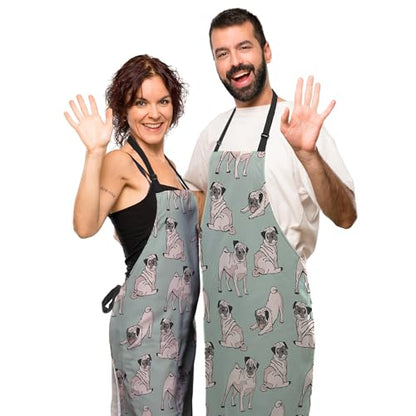 Garden Apron for Women Cute Dogs Pug Fun Aprons for Men for Kitchen Cooking Restaurant BBQ Painting Crafting Gardening 27” (W) x 31” (H), Waterproof Aprons - color: Cute Dogs Pug