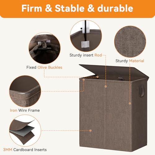Chrislley Double Laundry Hamper with Lid, 140L Laundry Basket 2 Section - color: Brown, size: 140l(24.0"l X 14.2"w X 25.2"h)