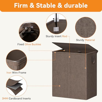 Chrislley Double Laundry Hamper with Lid, 140L Laundry Basket 2 Section - color: Brown, size: 140l(24.0"l X 14.2"w X 25.2"h)