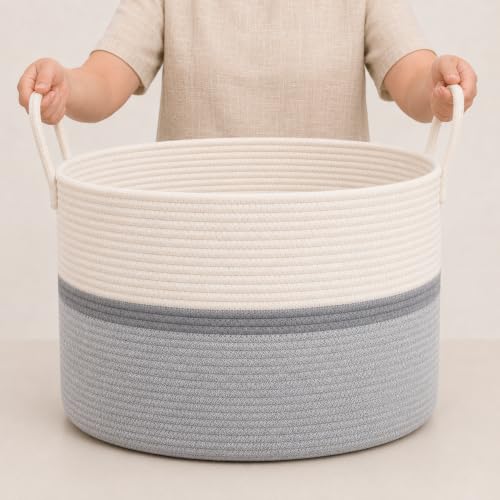 OrganiHaus Round Toy Basket & Blanket Basket, Cotton Rope 20x13" - color: Striped Gray, size: Wide