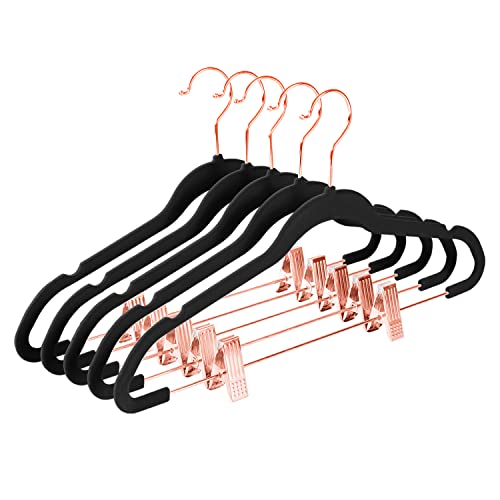 MIZGI Premium Velvet Pants Hangers with Clips (Pack of 20) Slim Skirt Hangers- Non Slip Felt Outfit Dress Hangers Black - Copper/Rose Gold Hooks,Space Saving Shirt Clothes Hangers - color: Black/Rosegold, size: 20-Pack