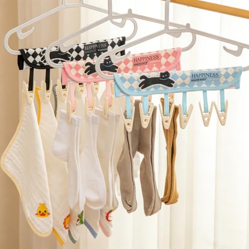 FOLAI 3-Pack Portable Fabric Products Travel Hangers Foldable Suitcase Clothespin Small Clothes pin Rack with 6 Clips（Cat-Themed） - style: Cat-Themed