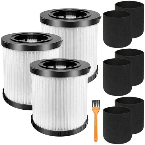 3 Pack DCV5801H HEPA Filter Compatible with DEWALT DCV580H, DCV581H 20V MAX Wet/Dry Vacuum, with 6 Foam Sleeve Filters & 1 Brush - color: 3 Pack