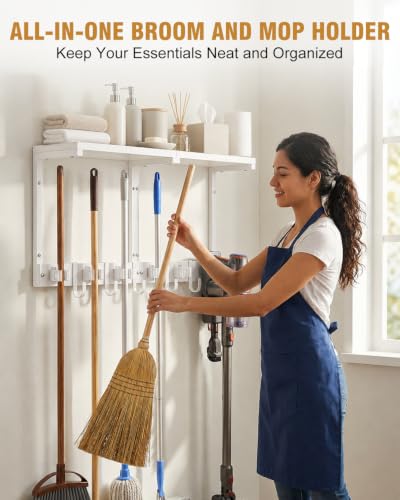 Large Broom Holder Wall Mount with Shelf, Vacuum Organizer, 5 Slots 5 Hooks - color: White, size: Large