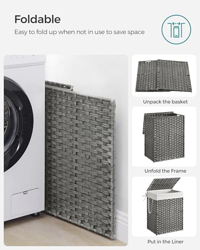 SONGMICS Laundry Hamper with Lid, 23.8 Gal (90 L) Synthetic Rattan,Foldable - color: Dove Gray, size: 90 L