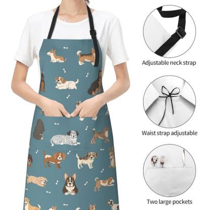 Perinsto Waterproof Apron With 2 Pockets Kitchen Chef Aprons Bibs For Cooking Baking Painting Gardening Grooming - color: Dog Blue