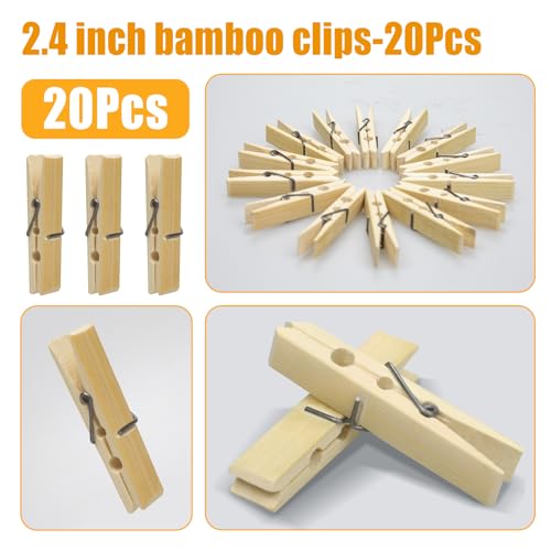 Natural Bamboo Clothespins 20-Pack Wooden Clothes Pins with Spring, 2.4 Inch Heavy Duty Rust Resistant Clips for Laundry, Crafts, Kitchen & Home Organization