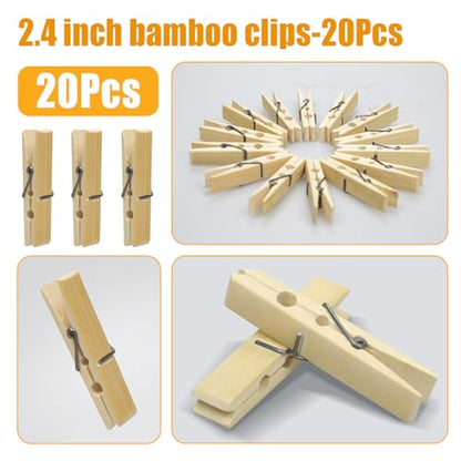 Natural Bamboo Clothespins 20-Pack Wooden Clothes Pins with Spring, 2.4 Inch Heavy Duty Rust Resistant Clips for Laundry, Crafts, Kitchen & Home Organization