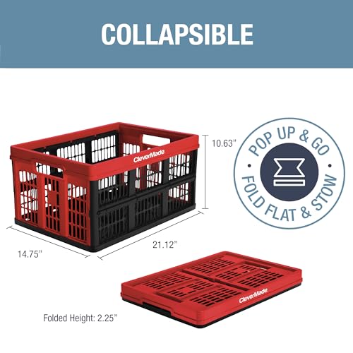 CleverMade Collapsible Utility Crates - Red 1pck 45L / 11 Gal holds 66 lbs - Stackable Containers Heavy Duty Capacity Crates Space-Saving Baskets - color: Red, size: 45L - 1 Pack