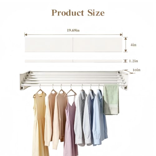 Wall Mounted Foldable Clothes Drying Rack Carbon Steel 5 Rods, Space-Saving Laundry Drying Rack with Wall Template (1, White, 19.69") - color: White, size: 19.69"