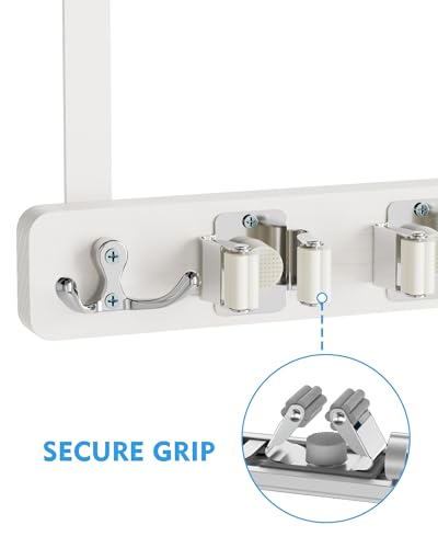 BS-VOG Over the Door Broom and Mop Holder, Broom Hanger, 4 Slots & 4 Hooks - color: White