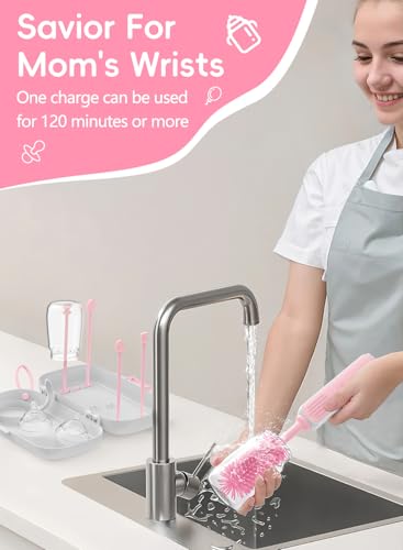 Electric Baby Bottle Brush Cleaner, Baby Travel Bottle Cleaner Kit- 2000mAh Rechargeable Silicone Brush, Drying Rack, Compact Storage Box, 360° Efficient Cleaning Bottle Brush for Home & On-The-Go - color: Pink