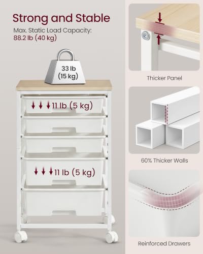 VASAGLE Rolling Cart with Drawers,5 Drawers Storage Cart, White - color: White, size: 5 Drawer